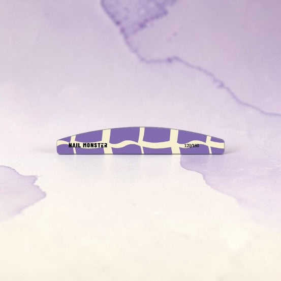 Nail Monsters professional curved nail file with a purple and cream abstract pattern and 120/180 grit texture.